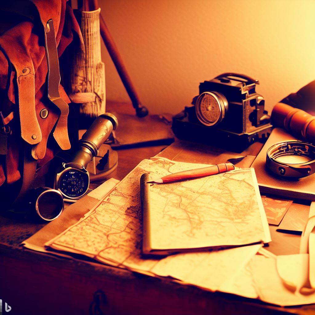 Un escritorio de un arqueólogo con mapas, libros antiguos y objetos como brújula y linterna. Estilo Vintage, con tonos cálidos, mostrando un ambiente de preparación para la aventura.